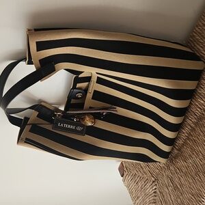 LA TERRE Beige and Black Striped Tote Bag
